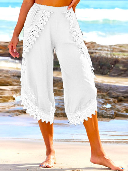 Pantalon de plage décontracté en lin taille haute avec coutures en dentelle noire QN89