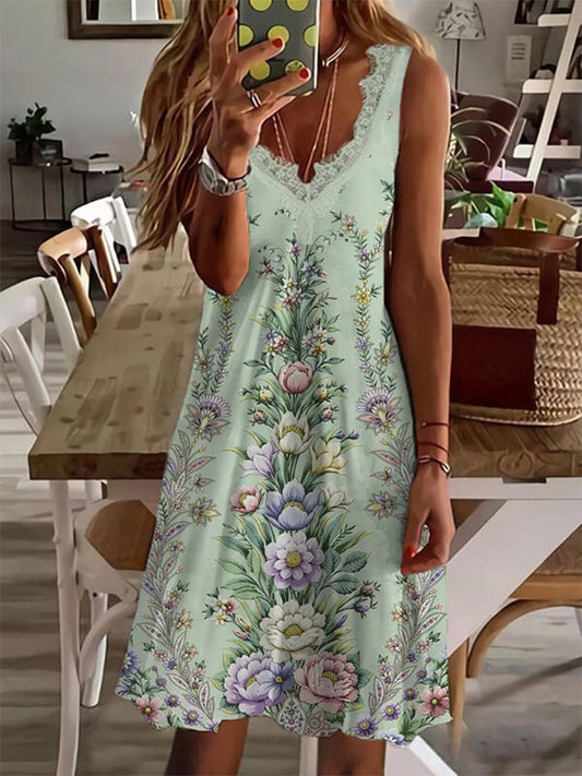 V Neck Floral Vacation  Midi Prom Dress  WO61