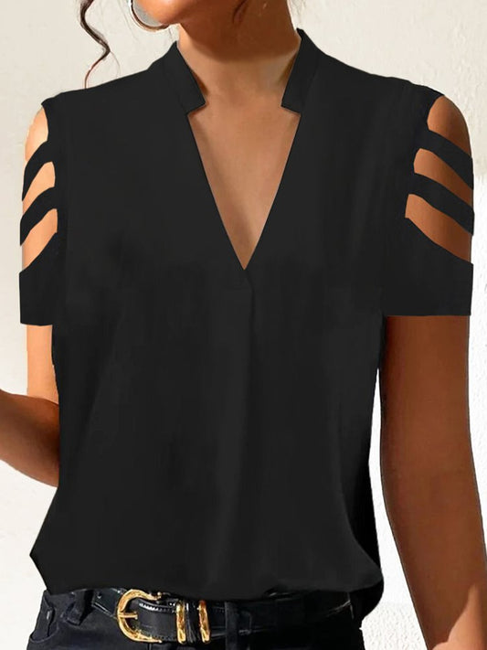 Hollow Out Loose Casual V Neck Shirt  QH72