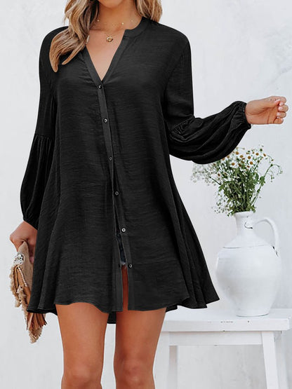 Loose V Neck Lantern Sleeve Urban Dress With No  WE84