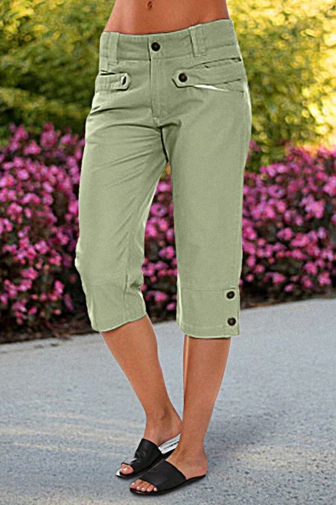 Buttoned Casual Loose Plain Button Detail Low Waist Capris Pants  QN80