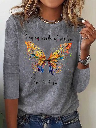 T-shirt décontracté ample à manches longues avec motif papillon AH260