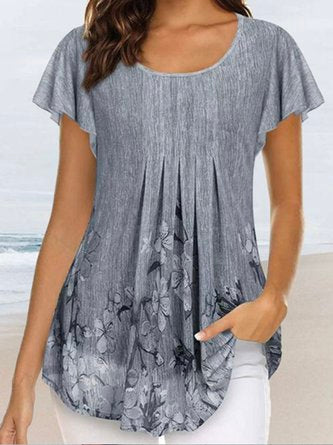 Grey Floral Casual Crew Neck Shirt CZ33