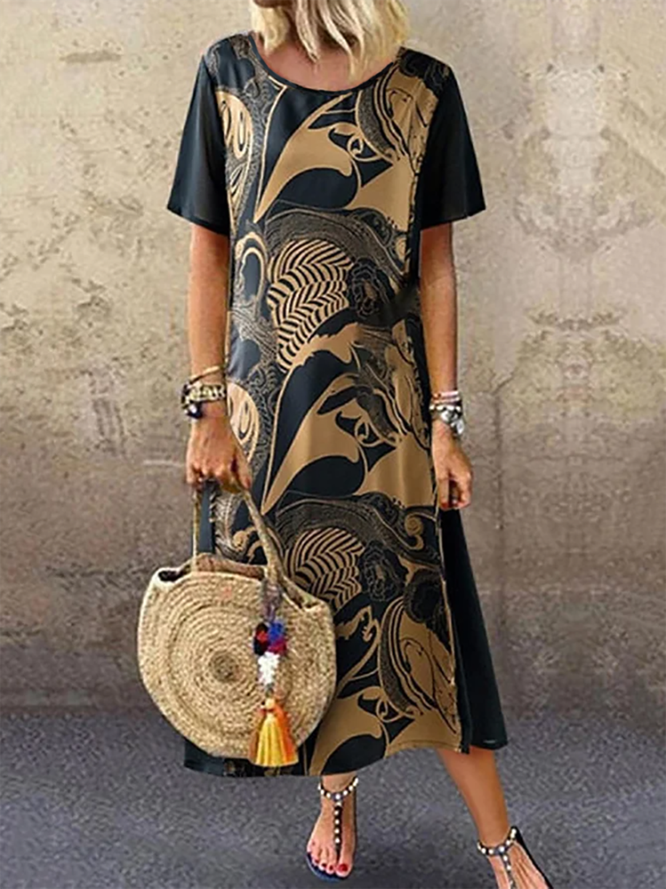 Round Neck Tribal Casual Midi Dress  WO112