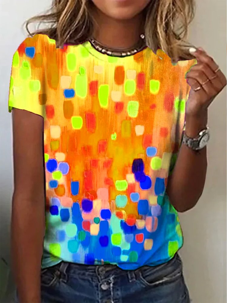 Crew Neck Casual Ombre Loose Rainbow Dot Short Sleeve T-Shirt AH205