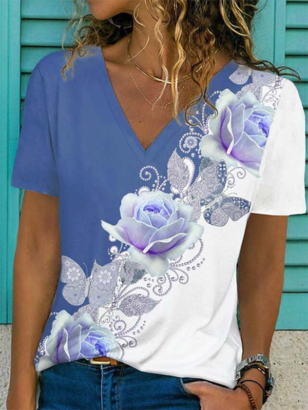 Casual V neck Floral Short Sleeve T-Shirt MMq42