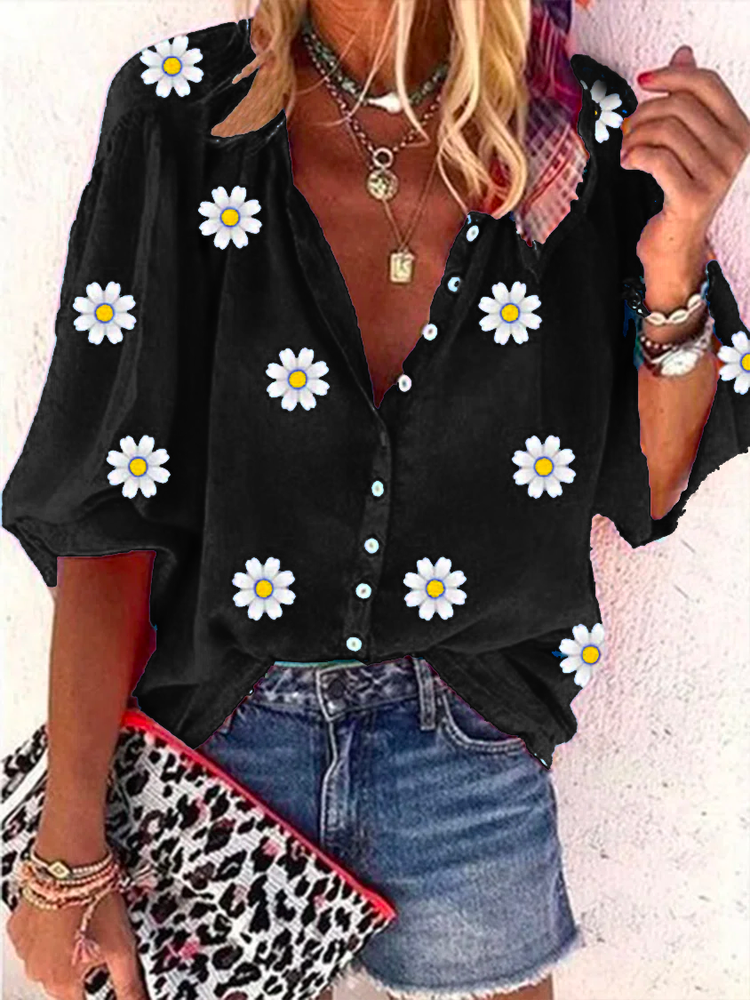 Casual Daisy Loose V neck Three Quarter Sleeve Blouse  WG64