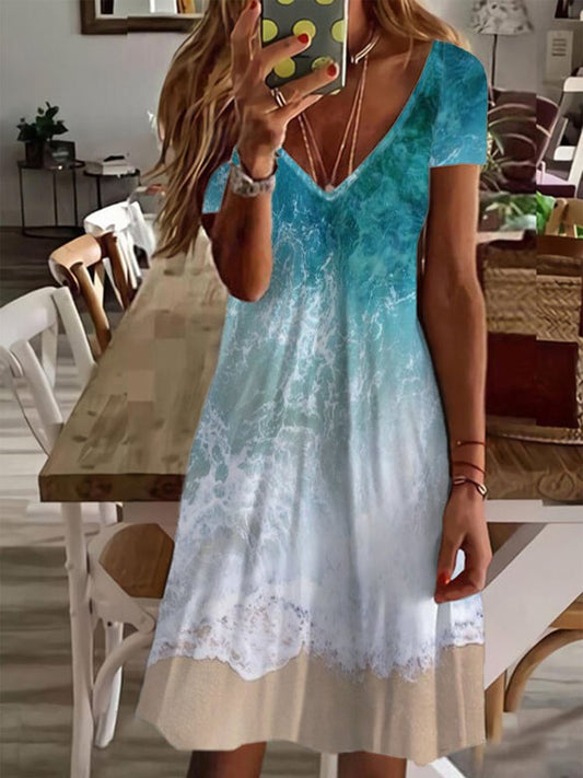 Casual Painted V Neck Short Sleeve Dress AH147