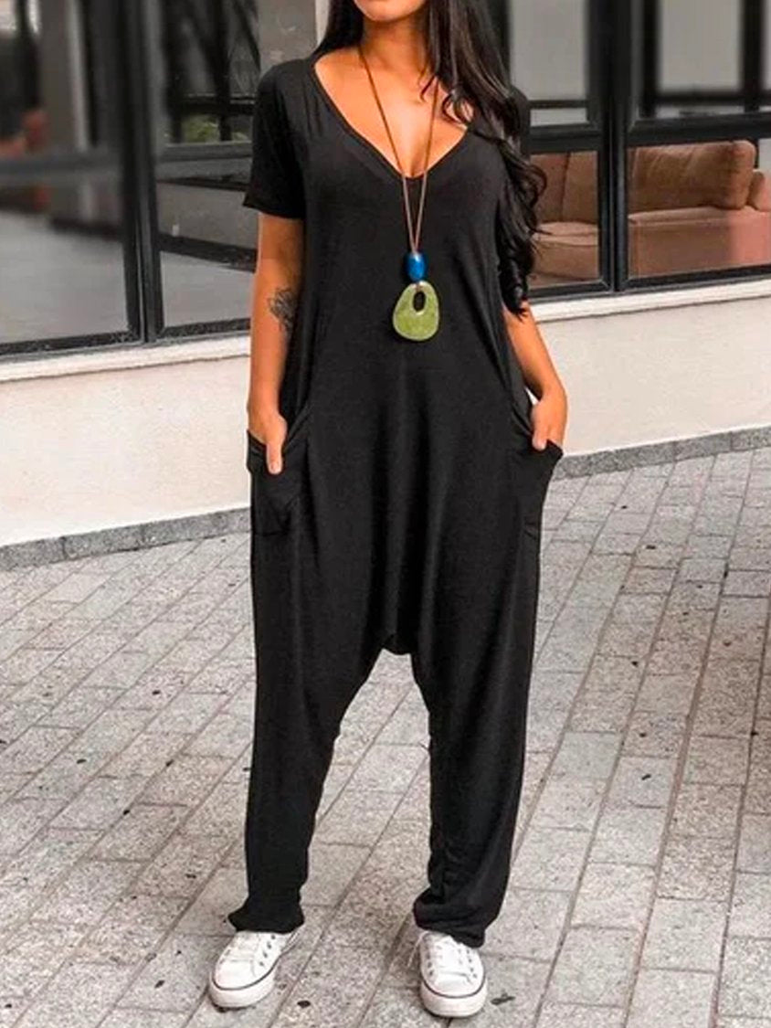 Simple Short Sleeve V Neck Solid Jumpsuit &amp; Romper QAJ21