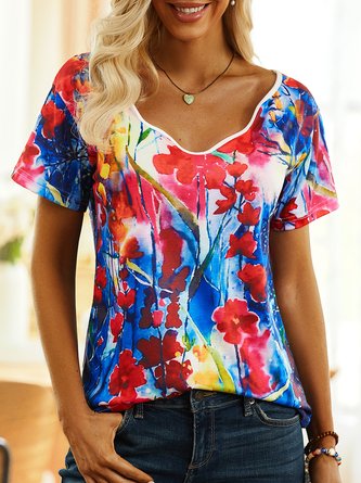 Short Sleeve V Neck Printed Cotton-Blend T-shirt QAW43