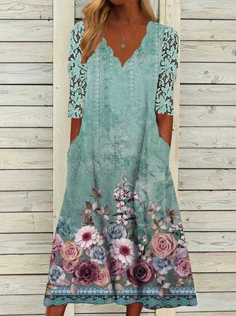 Robe ample décontractée à fleurs vertes et col en V QAH39