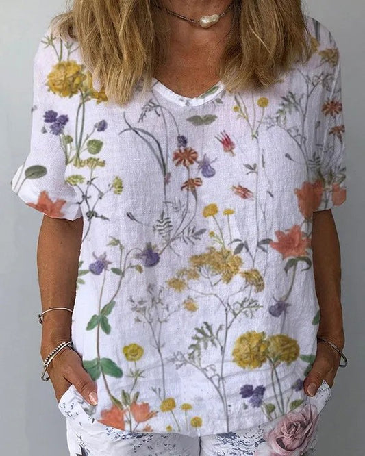 Loose Linen Floral V Neck Shirt AA12