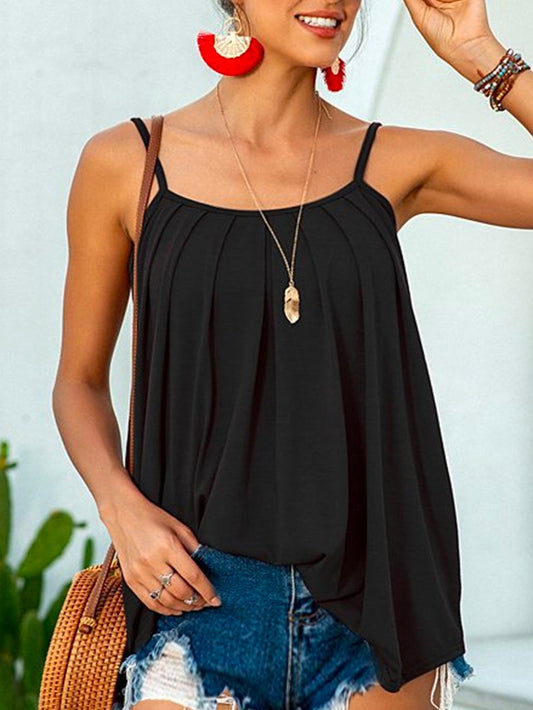 Camisole spaghetti décontractée unie ample plissée RR9