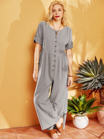 Solid Short Sleeve Casual Romper Jumpsuit wide leg pants CM91