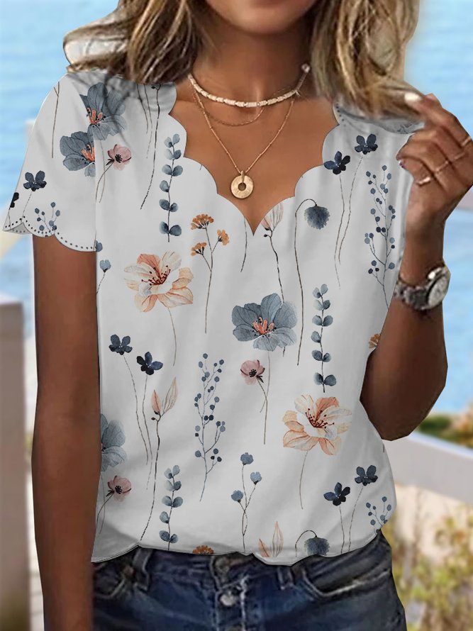 T-Shirt mit Blumenmuster und Muschelkragen für Sommerdesserts cc187