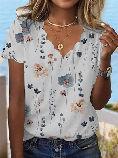 T-shirt à col coquillage et motif floral pour dessert d'été cc187