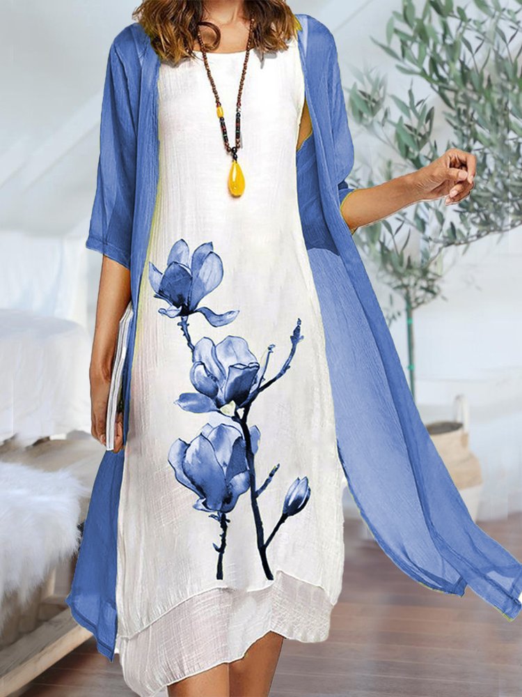 Round Neck Two Piece Floral Linen Casual Midi Dresses  WJ89