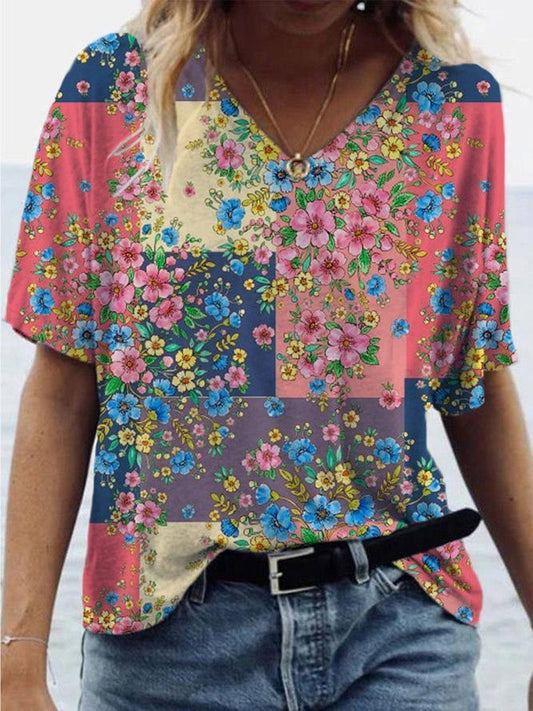Cotton-Blend Floral Short Sleeve Vintage T-Shirts TY1047