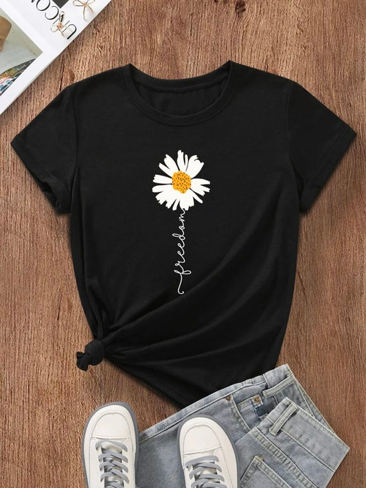 Lockeres T-Shirt mit Rundhalsausschnitt und Blumenmuster für den Urlaub mit Blumen- und Buchstabengrafik cc180