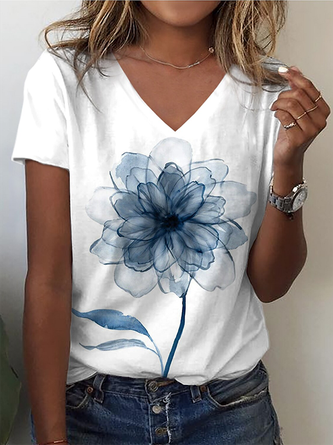 Lässiges T-Shirt mit V-Ausschnitt und Blumenmuster, kurzärmelig MMq14