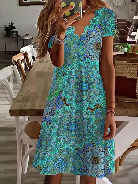 Women's Paisley V Neck Loosen Short Sleeve Knit Dress AH132