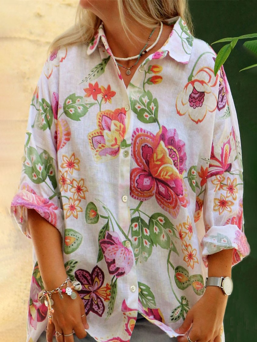 Loose Vacation Floral Polyester Cotton Shirt AA9