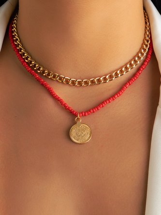 Coin Pattern Thick Chain Layer Necklace Beach Vacation Party Jewelry QAR51