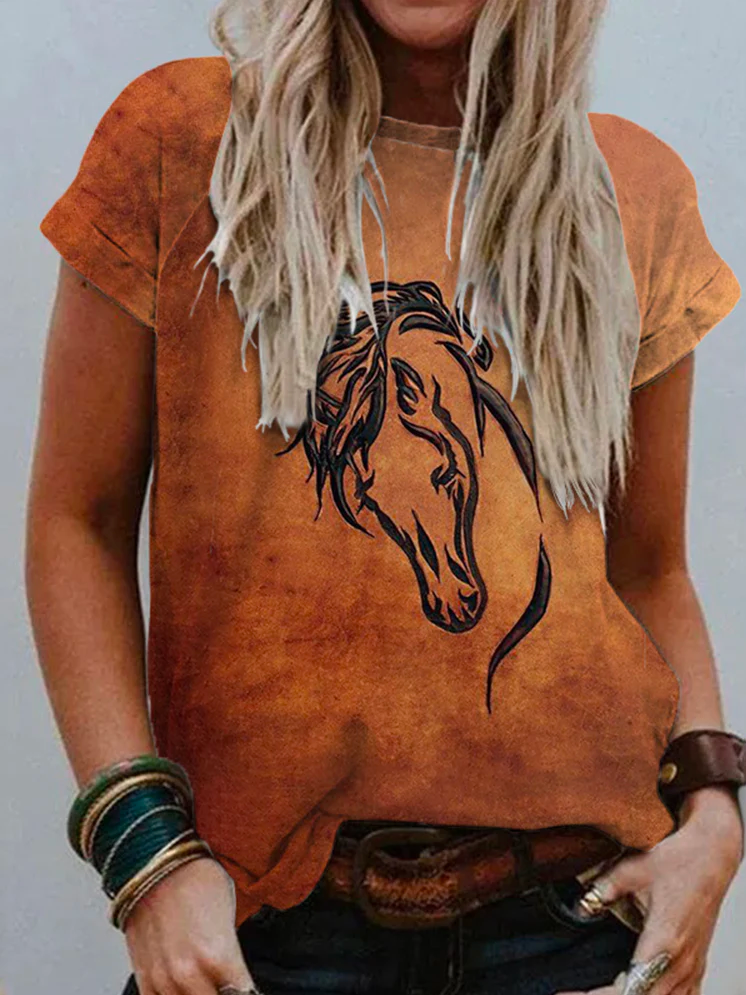 Lockeres Rundhals-T-Shirt für Damen im Boho-Stil mit Pferdemotiv AH323