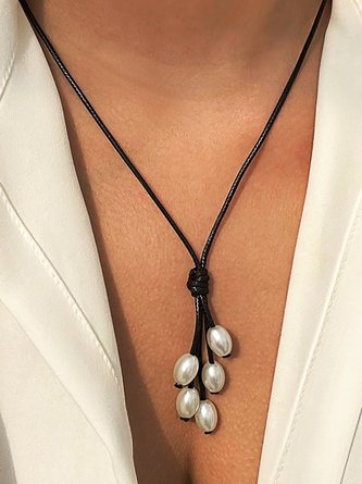 Boho Vacation Leather Pearl Pendant Necklace Western Jewelry QAR48
