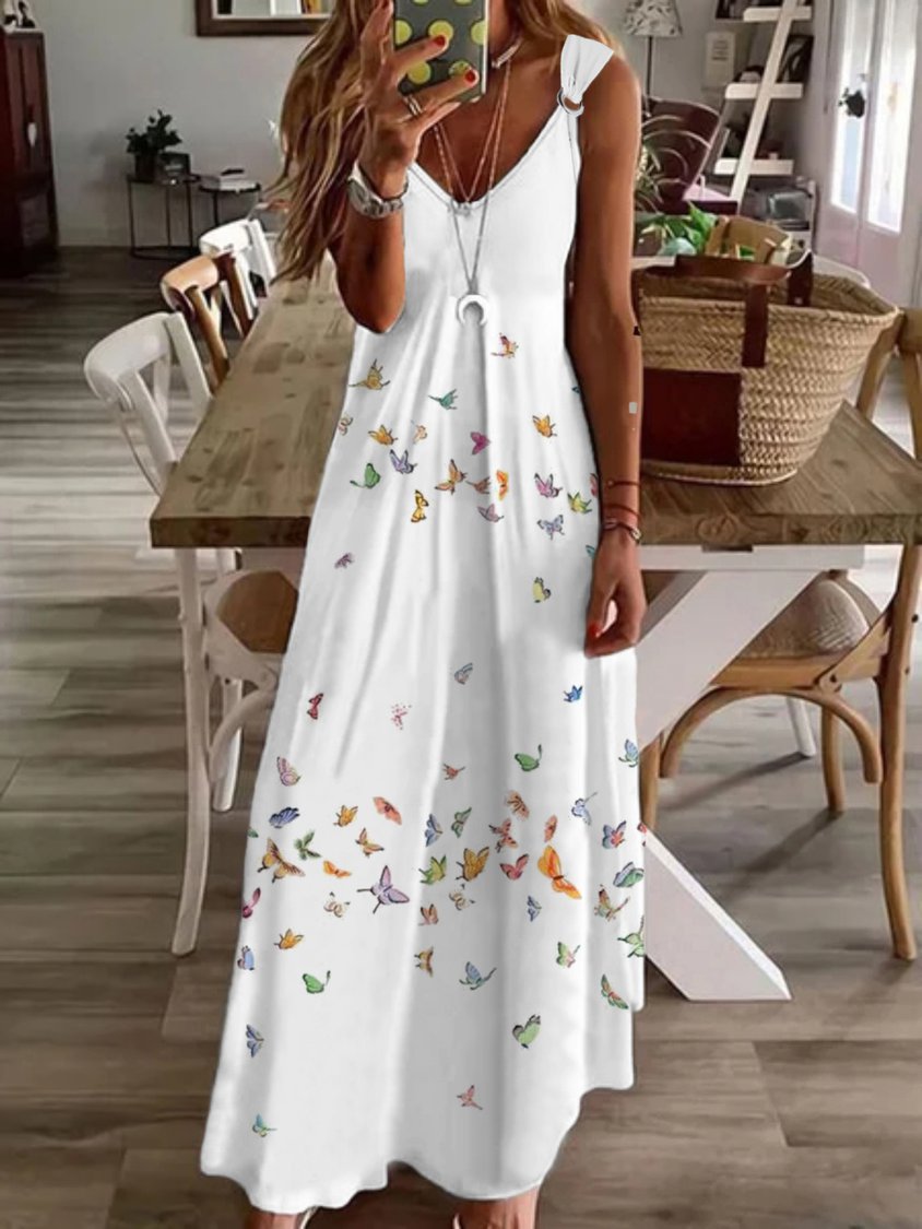 Casual Butterfly Sleeveless V Neck Printed Dress NNq13