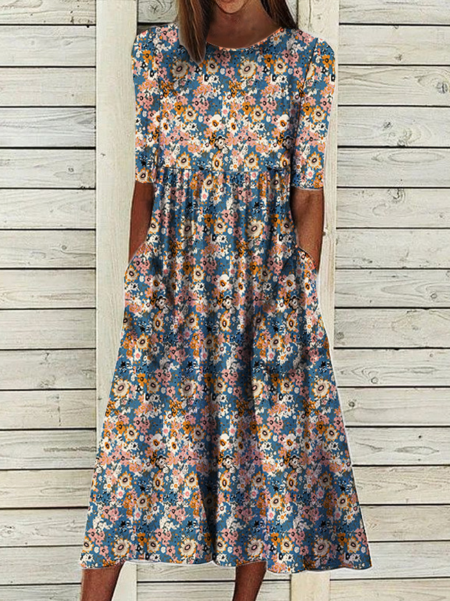 Women's Loosen Casual Floral Short Sleeve Woven Dress AT10045