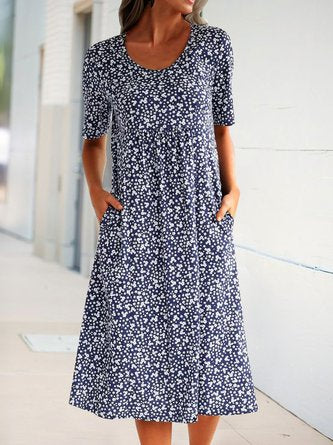 Robe décontractée à manches courtes et imprimé floral bleu marine QAH41