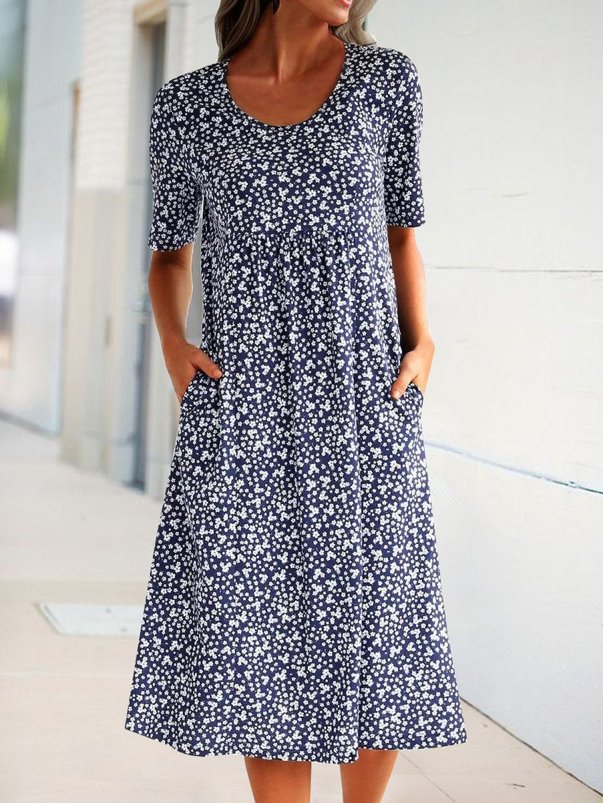 Navy Blue Short Sleeve Shift Floral-Print Causal Dress QAH41