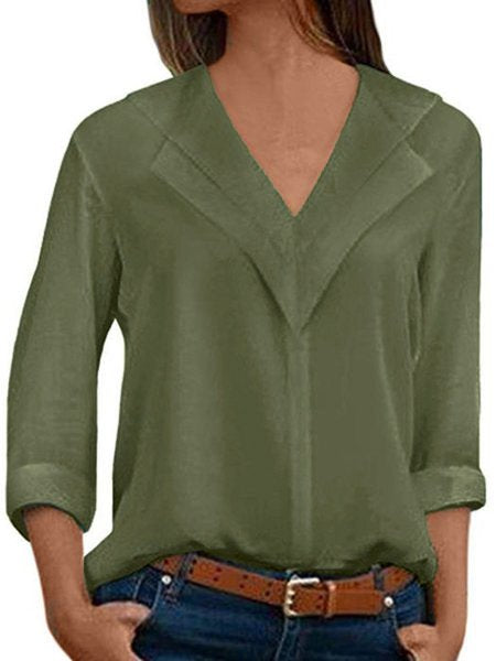 Women V-Neck Solid Color Long Sleeve Blouse CZ19