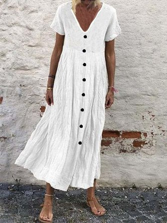 Cotton Plain V Neck Casual Boho Dress NNq2