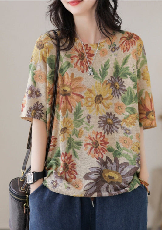 Casual Stylish Floral Print Cotton Knitted T-Shirt LY3922